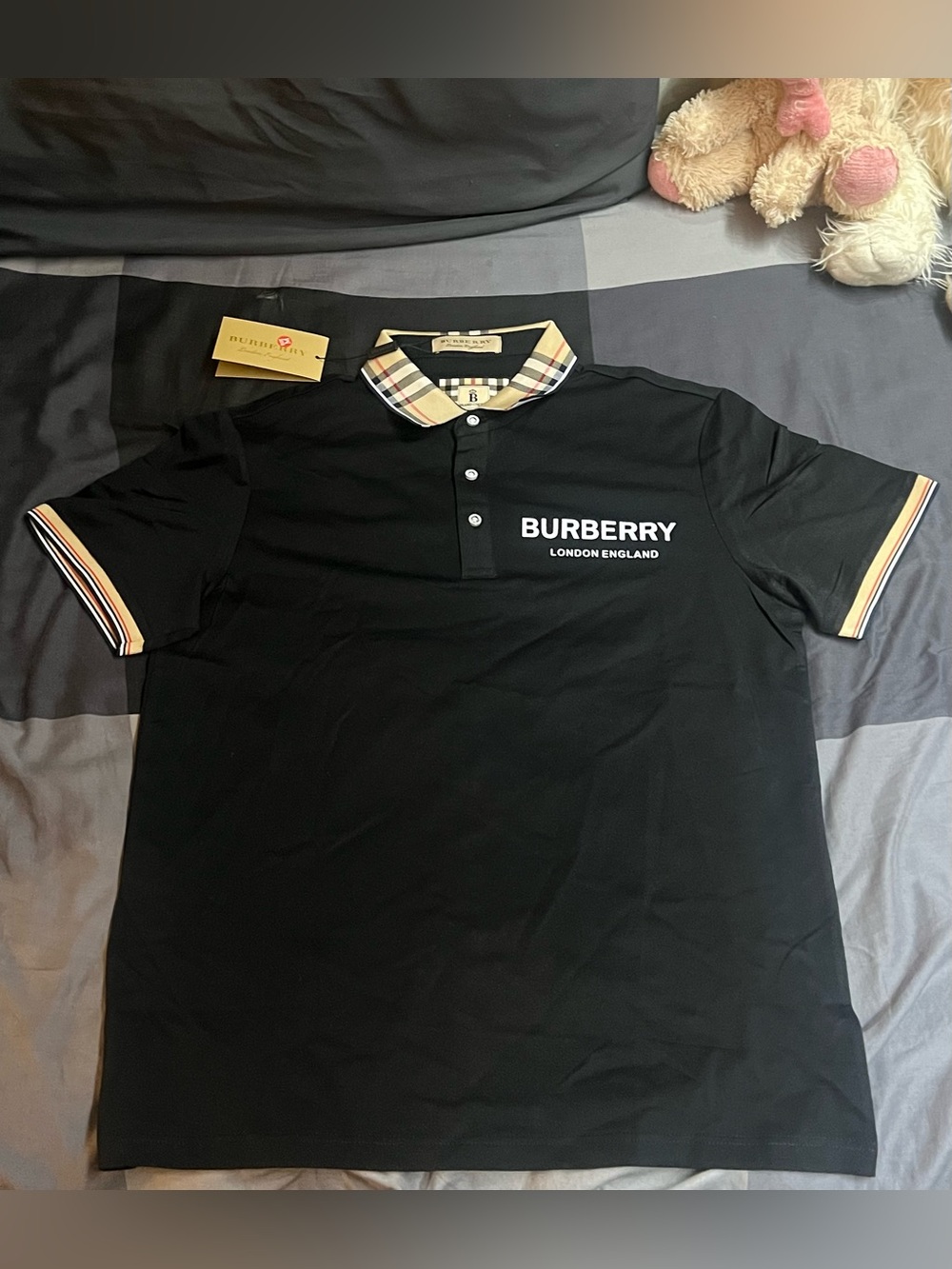Burberry Black Polo with Signature Check Collar and Sleeve Trim